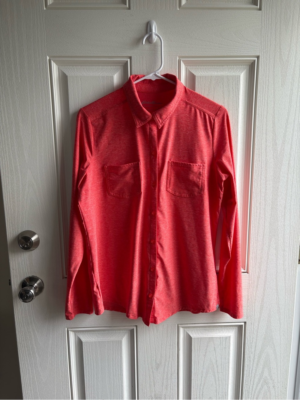 Eddie Bauer Coral Heathered Knit Button Front Shirt Women’s Large Stretch